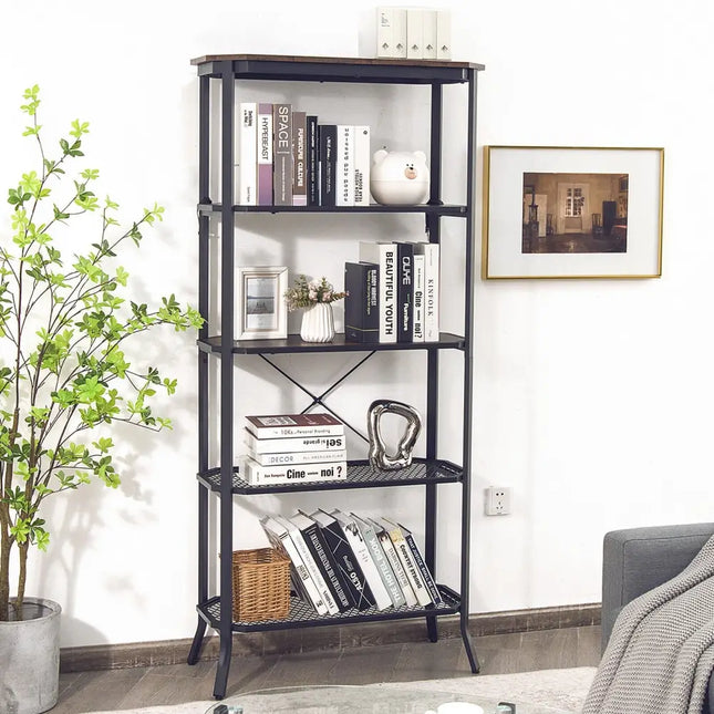 Industrial 5-Layer Bookshelf with Out-Stretched Legs-Rustic Brown - Rustic Brown - Bookcases