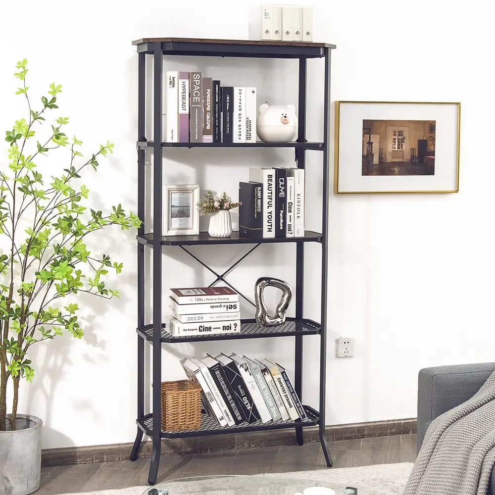 Industrial 5-Layer Bookshelf with Out-Stretched Legs-Rustic Brown - Rustic Brown - Bookcases