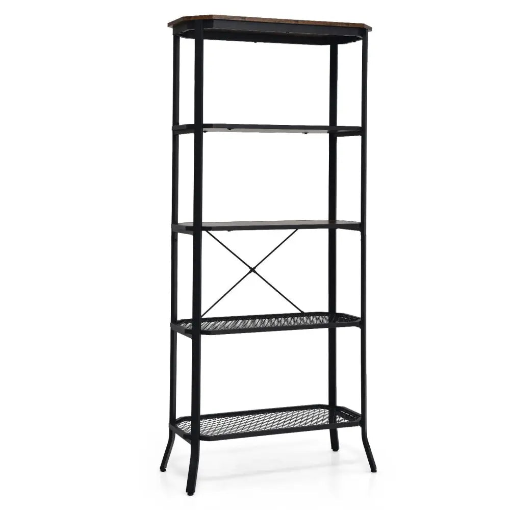 Industrial 5-Layer Bookshelf with Out-Stretched Legs-Rustic Brown - Rustic Brown - Bookcases