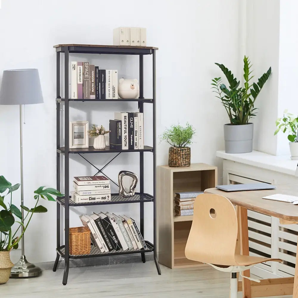 Industrial 5-Layer Bookshelf with Out-Stretched Legs-Rustic Brown - Rustic Brown - Bookcases