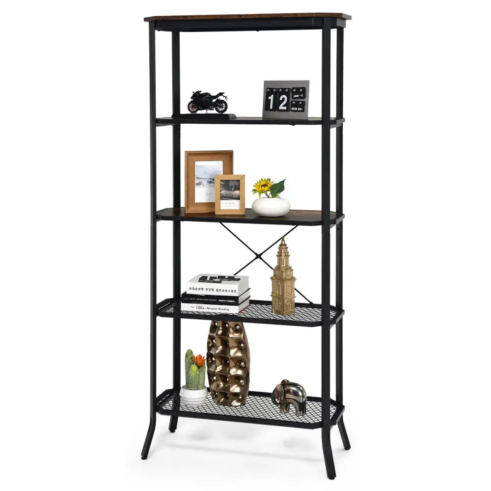 Industrial 5-Layer Bookshelf with Out-Stretched Legs-Rustic Brown - Rustic Brown - Bookcases