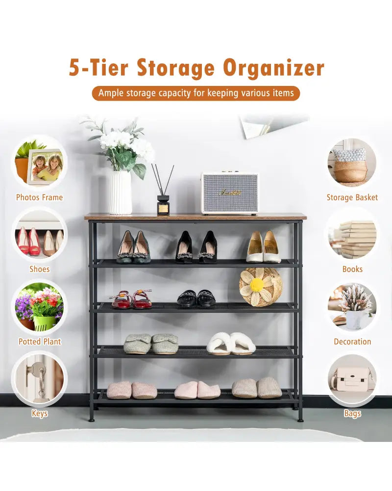 Industrial Adjustable 5-Tier Metal Shoe Rack with 4 Shelves for 16-20 Pairs - Rustic Brown - Shoe Racks & Storage