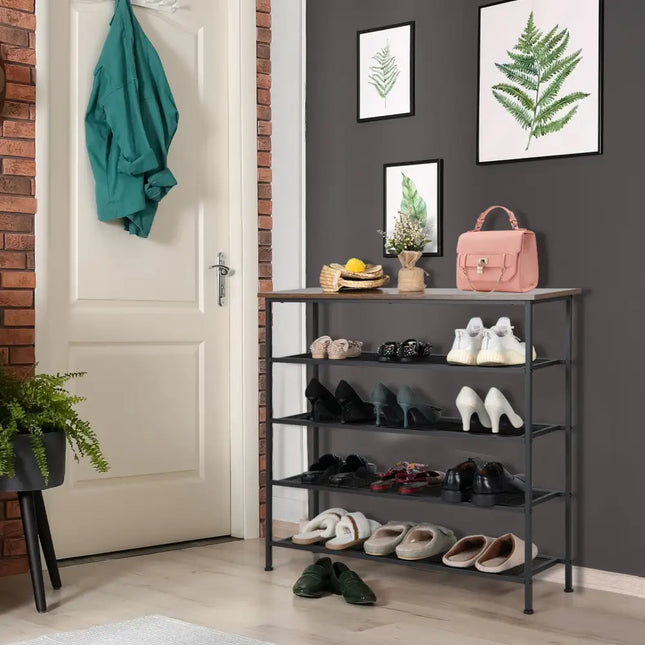 Industrial Adjustable 5-Tier Metal Shoe Rack with 4 Shelves for 16-20 Pairs - Rustic Brown - Shoe Racks & Storage
