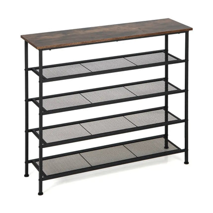 Industrial Adjustable 5-Tier Metal Shoe Rack with 4 Shelves for 16-20 Pairs - Rustic Brown - Shoe Racks & Storage