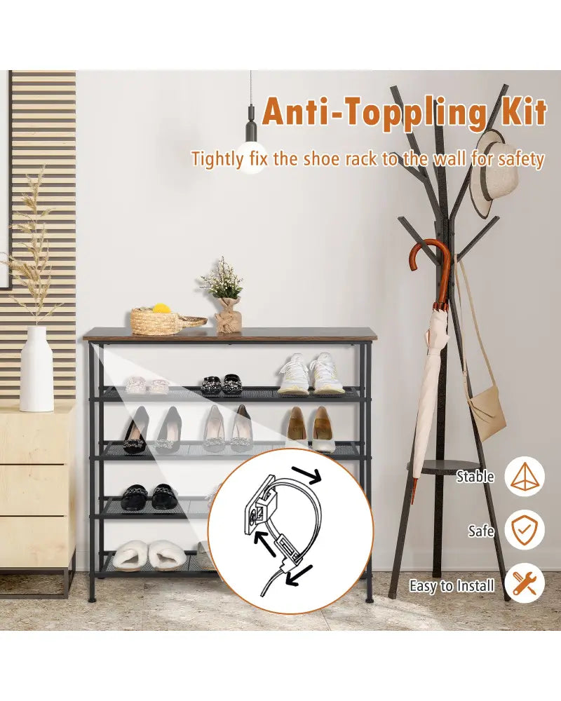 Industrial Adjustable 5-Tier Metal Shoe Rack with 4 Shelves for 16-20 Pairs - Rustic Brown - Shoe Racks & Storage