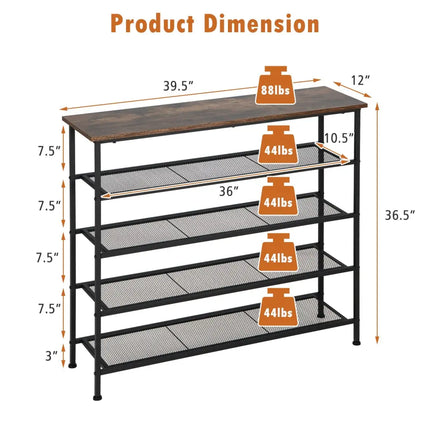 Industrial Adjustable 5-Tier Metal Shoe Rack with 4 Shelves for 16-20 Pairs - Rustic Brown - Shoe Racks & Storage