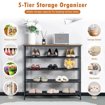 Industrial Adjustable 5-Tier Metal Shoe Rack with 4 Shelves for 16-20 Pairs - Rustic Brown - Shoe Racks & Storage