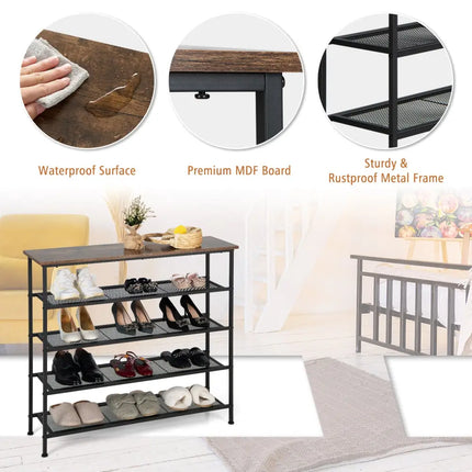 Industrial Adjustable 5-Tier Metal Shoe Rack with 4 Shelves for 16-20 Pairs - Rustic Brown - Shoe Racks & Storage