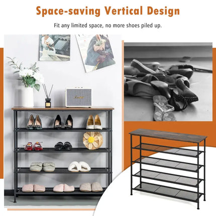 Industrial Adjustable 5-Tier Metal Shoe Rack with 4 Shelves for 16-20 Pairs - Rustic Brown - Shoe Racks & Storage