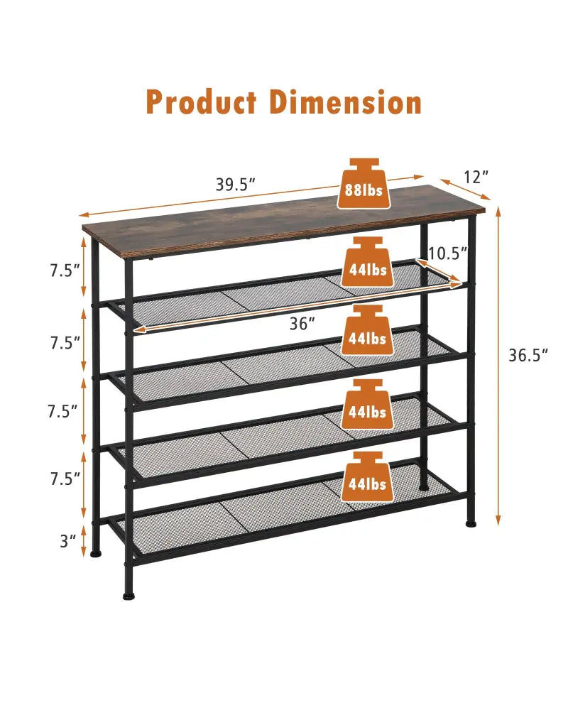 Industrial Adjustable 5-Tier Metal Shoe Rack with 4 Shelves for 16-20 Pairs - Rustic Brown - Shoe Racks & Storage