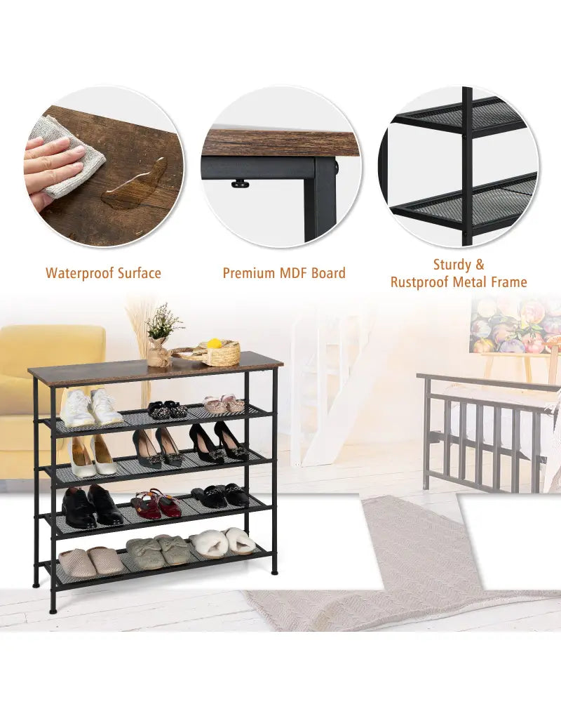 Industrial Adjustable 5-Tier Metal Shoe Rack with 4 Shelves for 16-20 Pairs - Rustic Brown - Shoe Racks & Storage