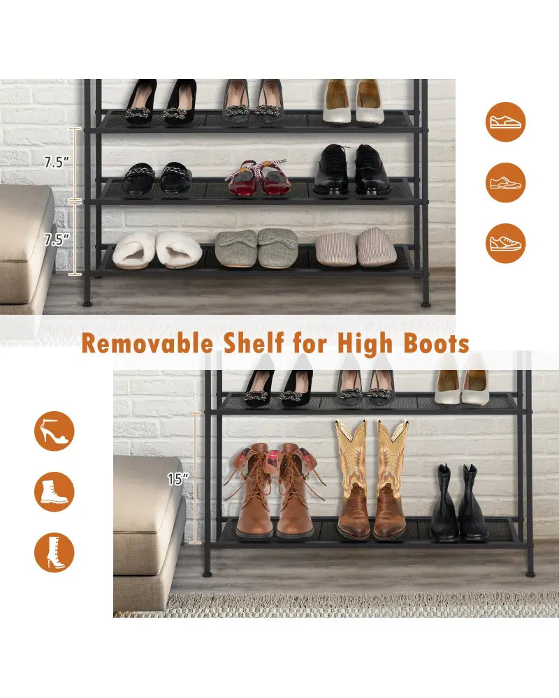 Industrial Adjustable 5-Tier Metal Shoe Rack with 4 Shelves for 16-20 Pairs - Rustic Brown - Shoe Racks & Storage