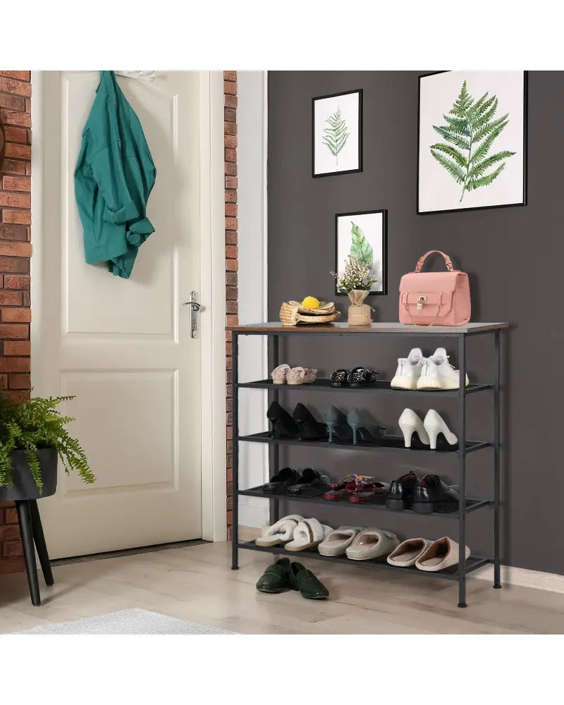 Industrial Adjustable 5-Tier Metal Shoe Rack with 4 Shelves for 16-20 Pairs - Rustic Brown - Shoe Racks & Storage