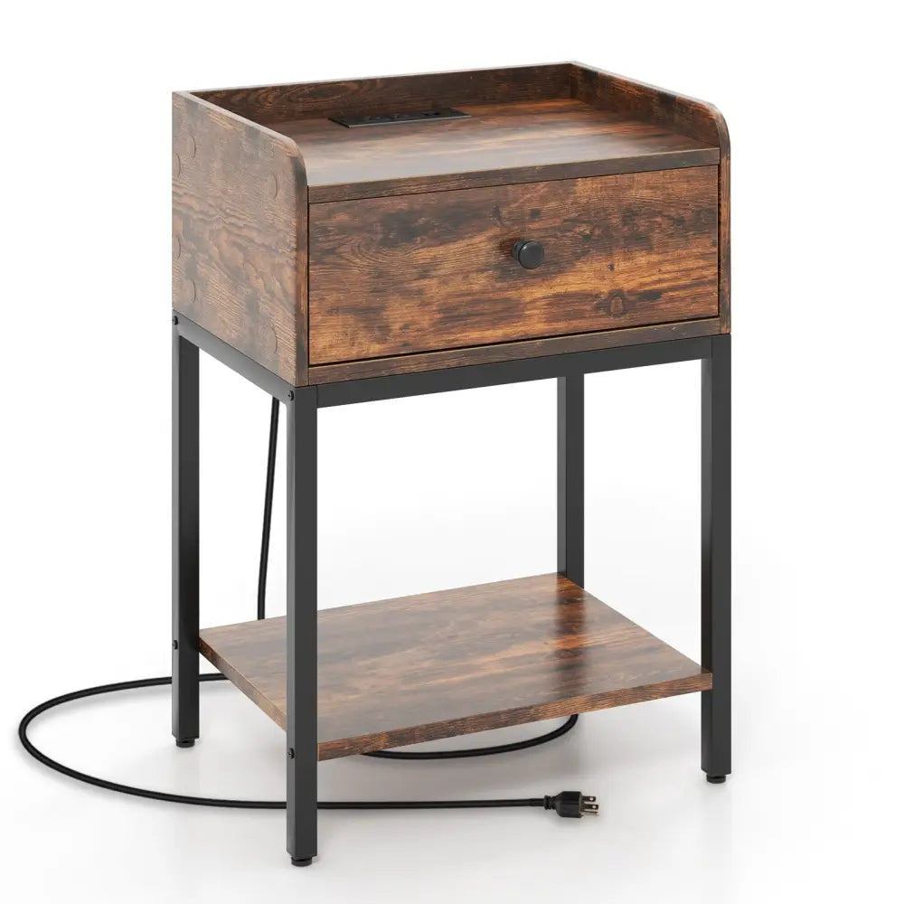 Industrial Bedside Table Nightstand with Charging Station-Rustic Brown - Rustic Brown - Nightstands
