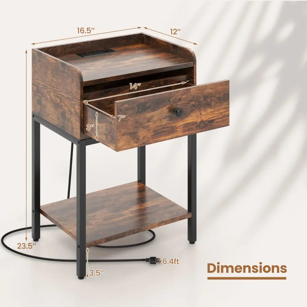 Industrial Bedside Table Nightstand with Charging Station-Rustic Brown - Rustic Brown - Nightstands