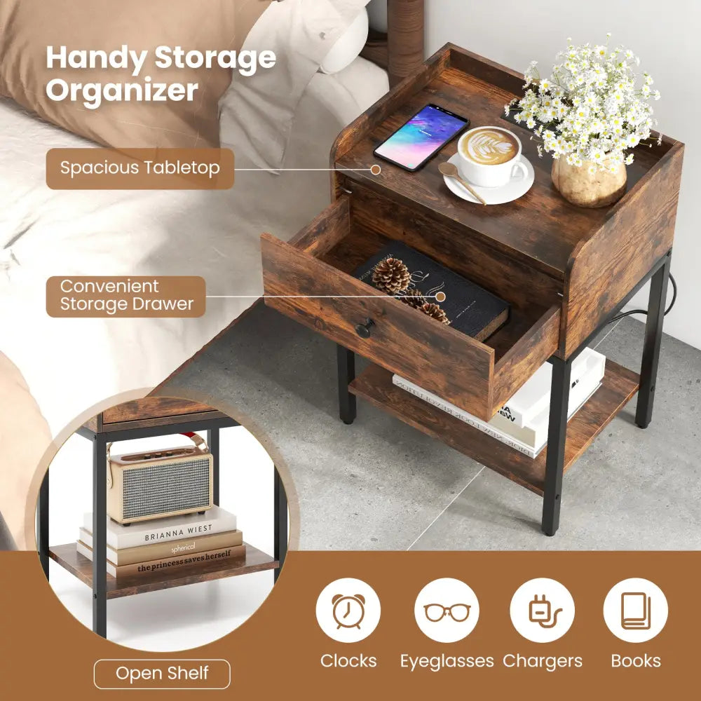 Industrial Bedside Table Nightstand with Charging Station-Rustic Brown - Rustic Brown - Nightstands