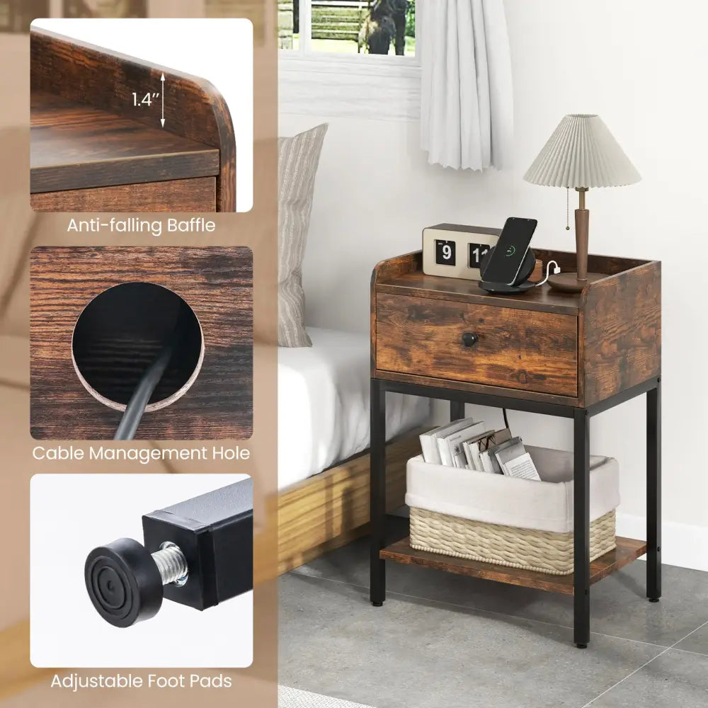 Industrial Bedside Table Nightstand with Charging Station-Rustic Brown - Rustic Brown - Nightstands