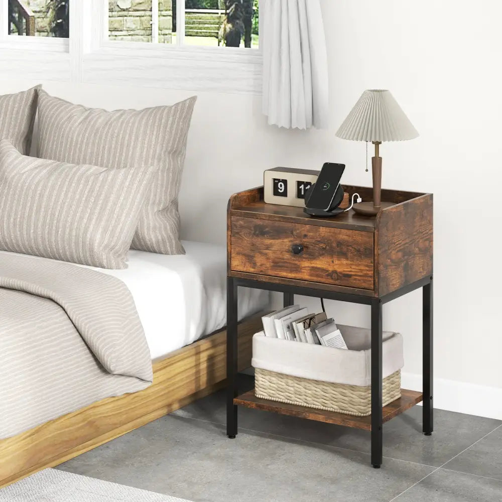 Industrial Bedside Table Nightstand with Charging Station-Rustic Brown - Rustic Brown - Nightstands