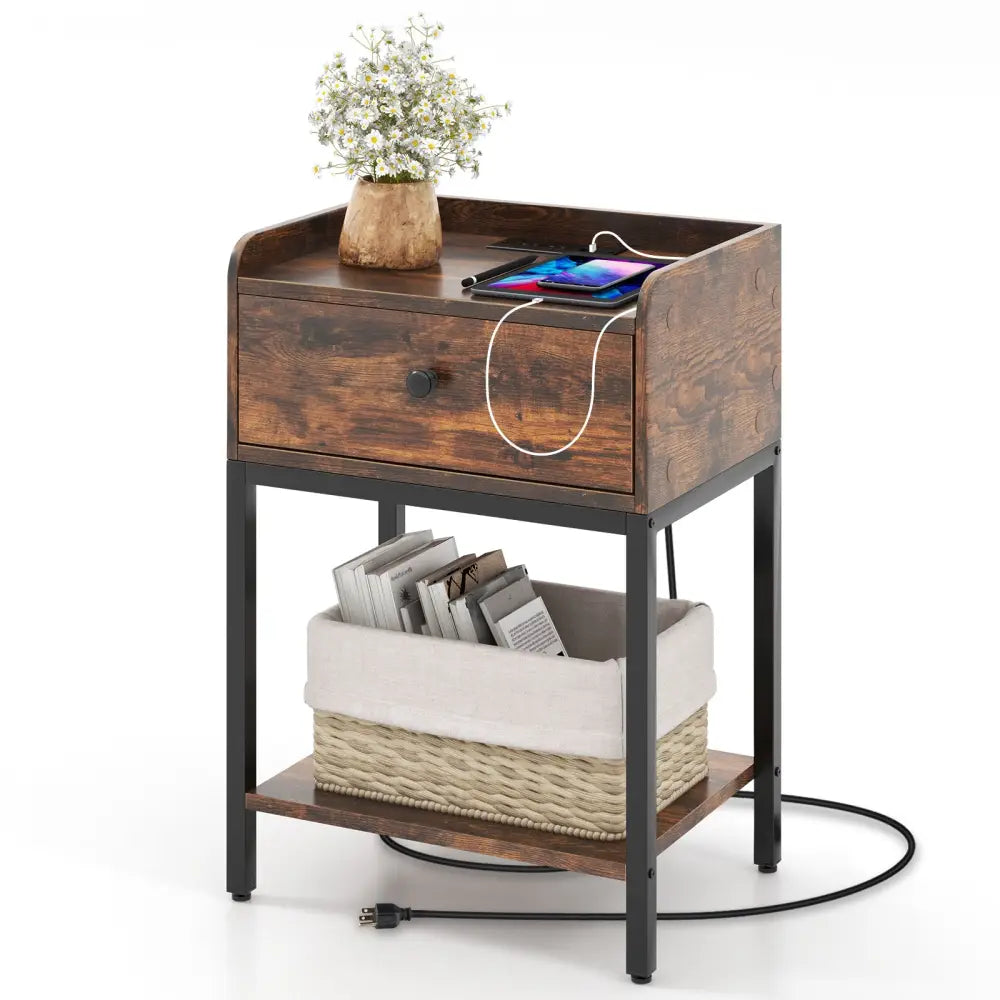 Industrial Bedside Table Nightstand with Charging Station-Rustic Brown - Rustic Brown - Nightstands