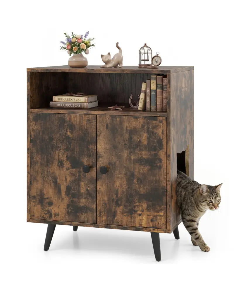 Industrial Cat Litter Box Enclosure with Entry and Open Compartment-Brown - Brown - Cat Houses