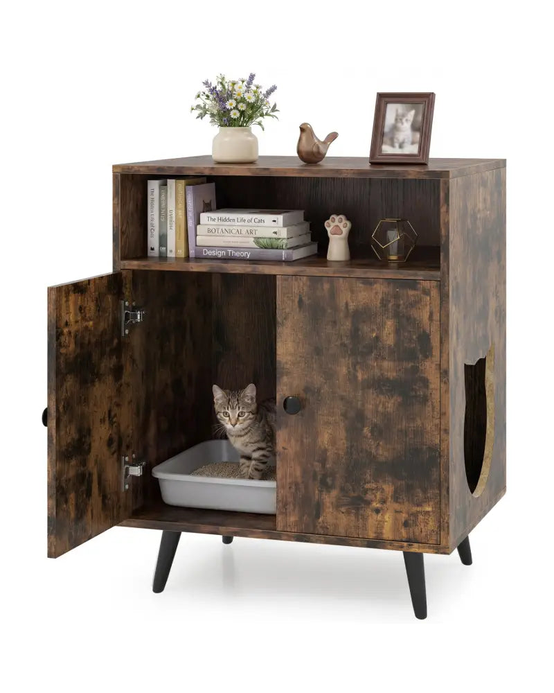 Industrial Cat Litter Box Enclosure with Entry and Open Compartment-Brown - Brown - Cat Houses