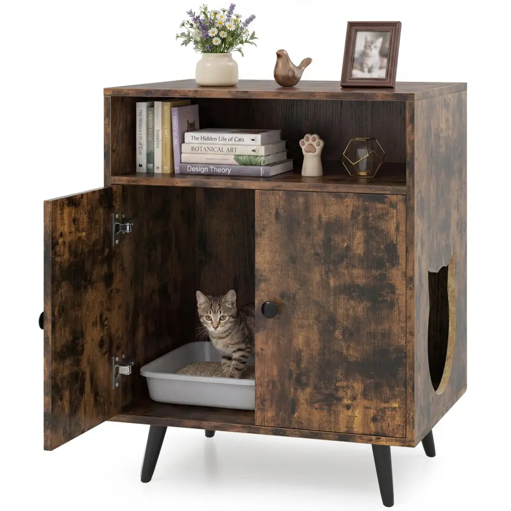 Industrial Cat Litter Box Enclosure with Entry and Open Compartment-Brown - Brown - Cat Houses