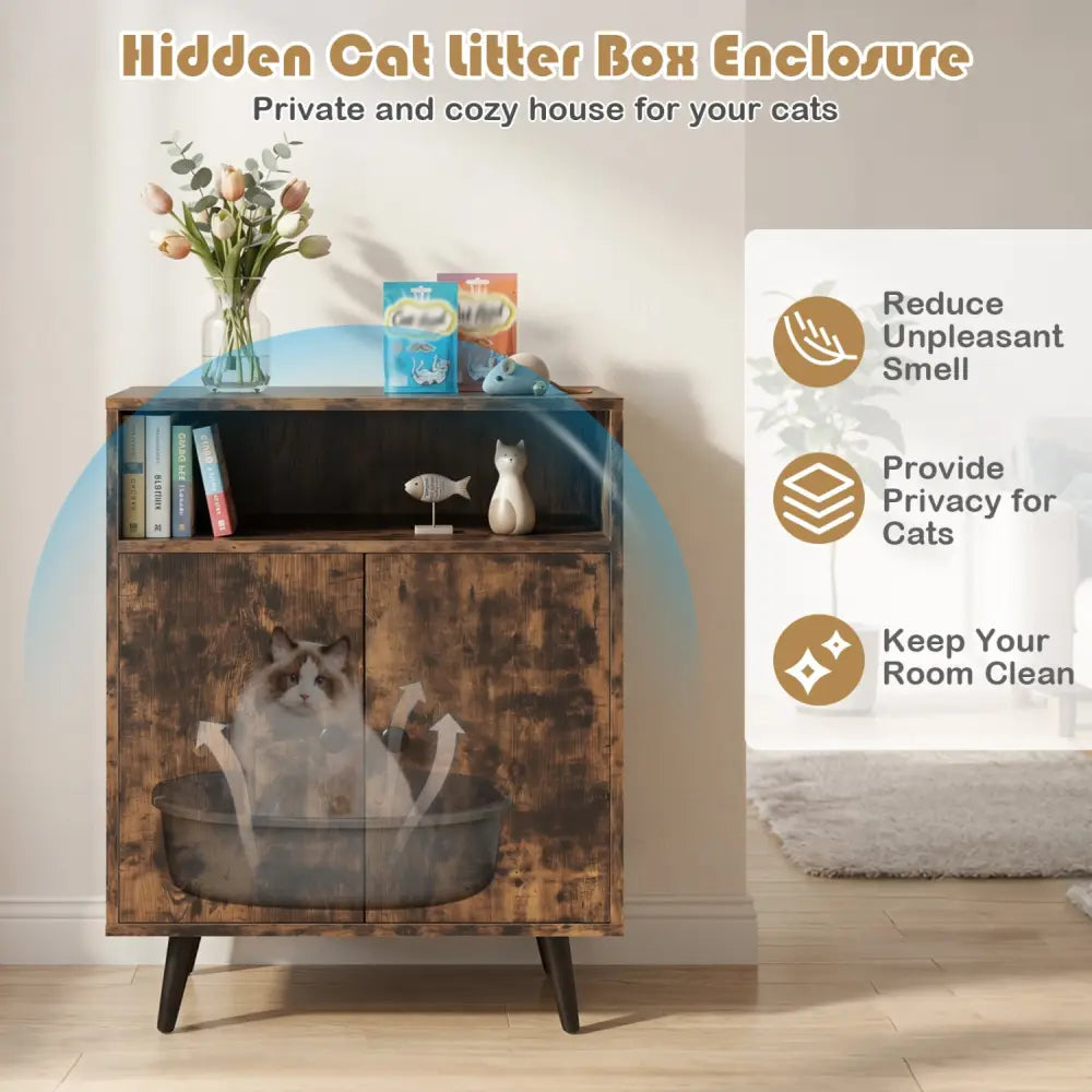 Industrial Cat Litter Box Enclosure with Entry and Open Compartment-Brown - Brown - Cat Houses