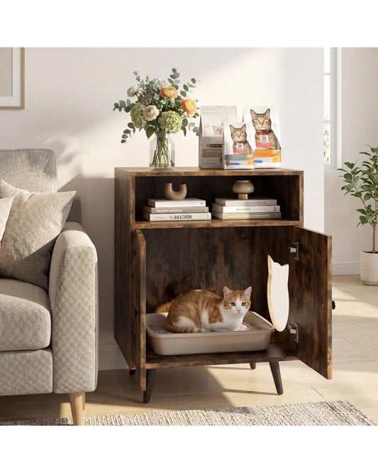 Industrial Cat Litter Box Enclosure with Entry and Open Compartment-Brown - Brown - Cat Houses