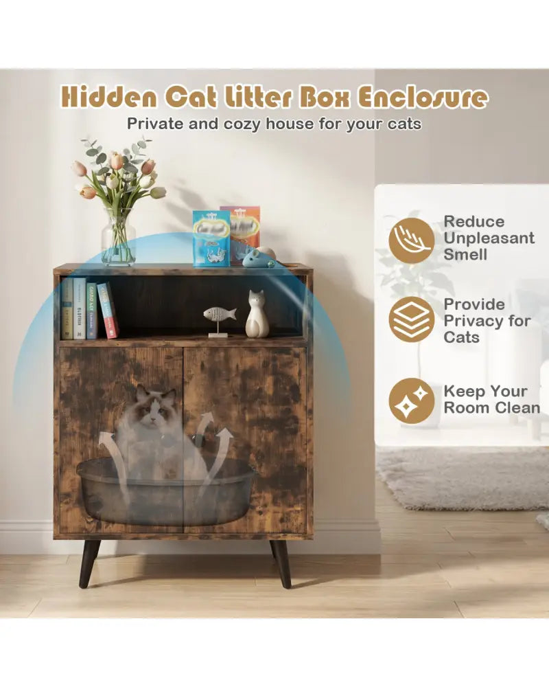 Industrial Cat Litter Box Enclosure with Entry and Open Compartment-Brown - Brown - Cat Houses