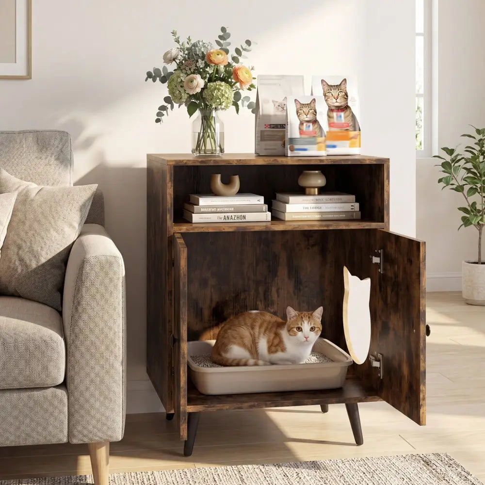 Industrial Cat Litter Box Enclosure with Entry and Open Compartment-Brown - Brown - Cat Houses