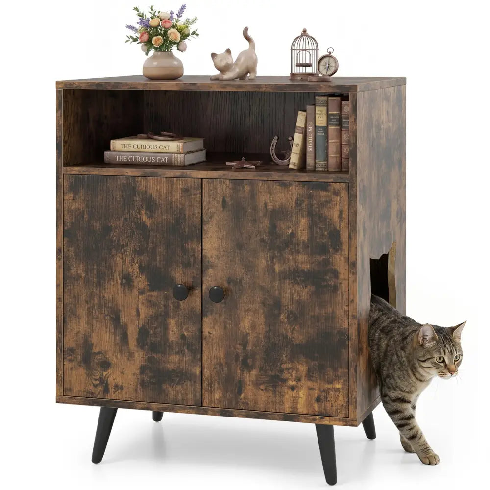 Industrial Cat Litter Box Enclosure with Entry and Open Compartment-Brown - Brown - Cat Houses