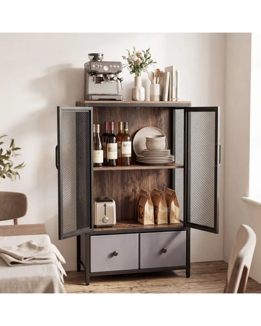 Industrial Coffee Bar Cabinet with 2-Tier Storage Compartment-Rustic Brown - Rustic Brown - Cabinets & Chests