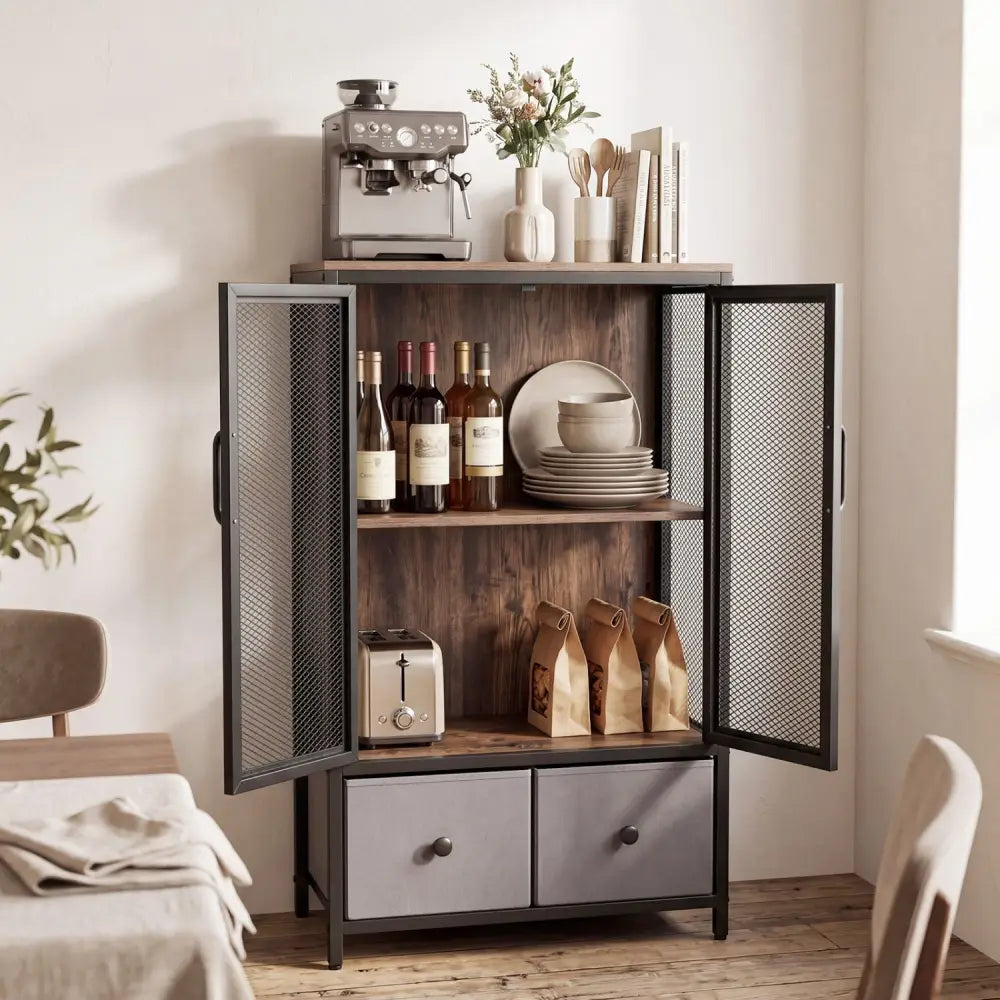 Industrial Coffee Bar Cabinet with 2-Tier Storage Compartment-Rustic Brown - Rustic Brown - Cabinets & Chests