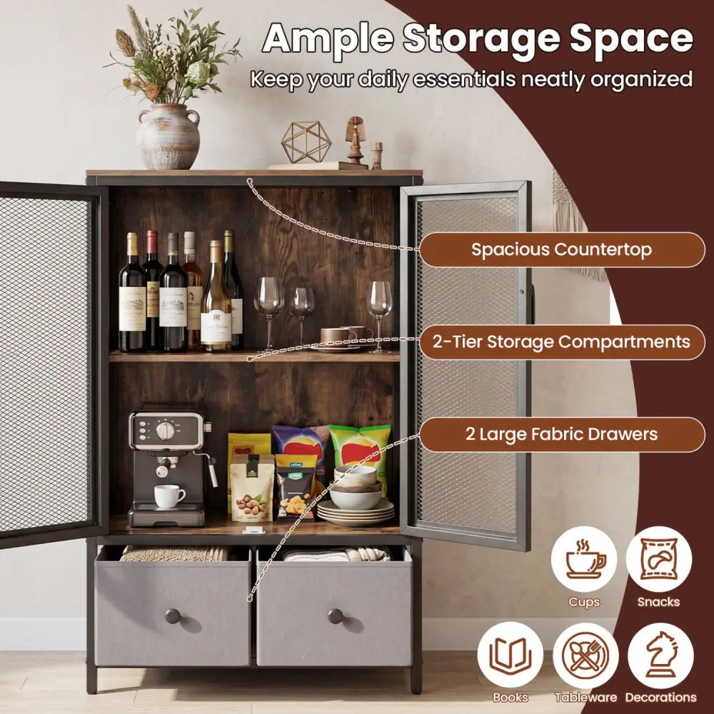 Industrial Coffee Bar Cabinet with 2-Tier Storage Compartment-Rustic Brown - Rustic Brown - Cabinets & Chests