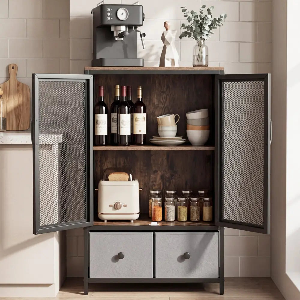 Industrial Coffee Bar Cabinet with 2-Tier Storage Compartment-Rustic Brown - Rustic Brown - Cabinets & Chests