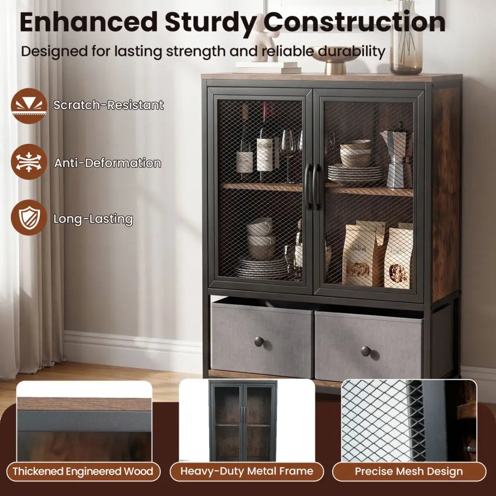 Industrial Coffee Bar Cabinet with 2-Tier Storage Compartment-Rustic Brown - Rustic Brown - Cabinets & Chests
