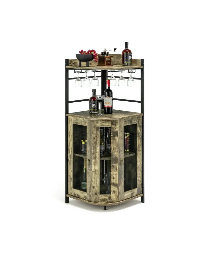 Industrial Corner Bar Cabinet with Glass Holder and Adjustable Shelf-Taupe - Taupe - Sideboards Cabinets & Buffets