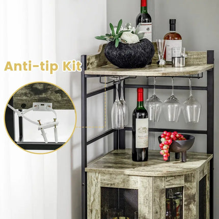 Industrial Corner Bar Cabinet with Glass Holder and Adjustable Shelf-Taupe - Taupe - Sideboards Cabinets & Buffets