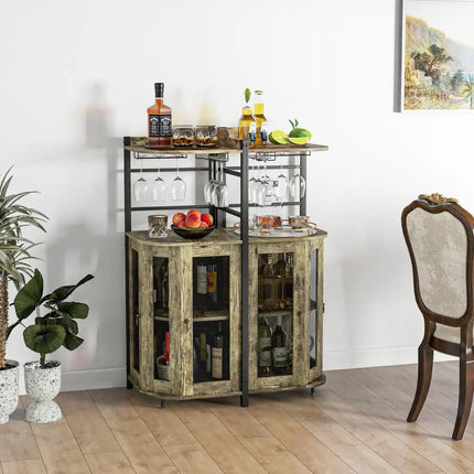 Industrial Corner Bar Cabinet with Glass Holder and Adjustable Shelf-Taupe - Taupe - Sideboards Cabinets & Buffets
