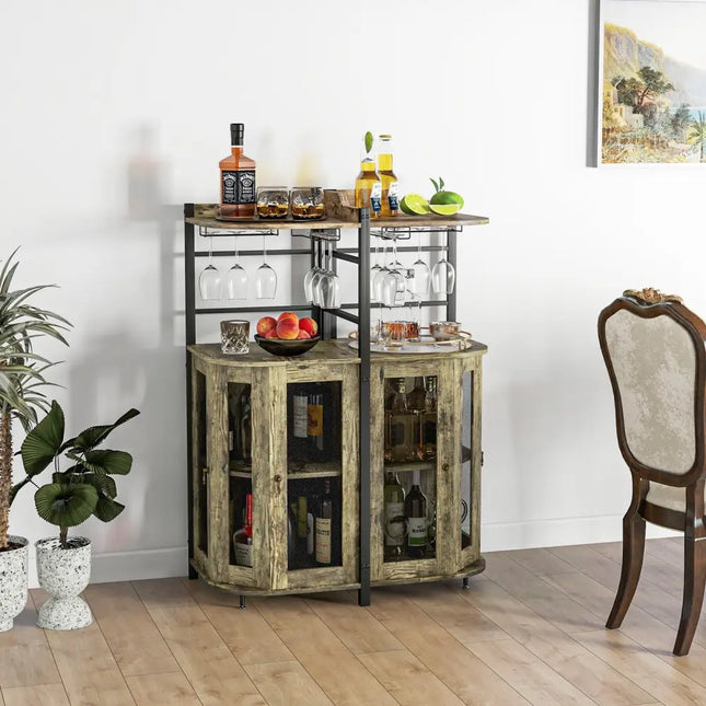 Industrial Corner Bar Cabinet with Glass Holder and Adjustable Shelf-Taupe - Taupe - Sideboards Cabinets & Buffets