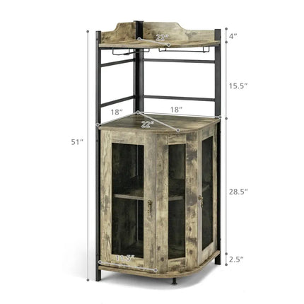 Industrial Corner Bar Cabinet with Glass Holder and Adjustable Shelf-Taupe - Taupe - Sideboards Cabinets & Buffets