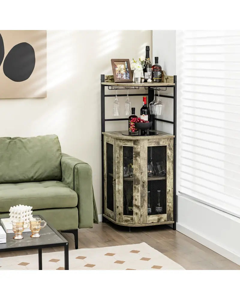 Industrial Corner Bar Cabinet with Glass Holder and Adjustable Shelf-Taupe - Taupe - Sideboards Cabinets & Buffets
