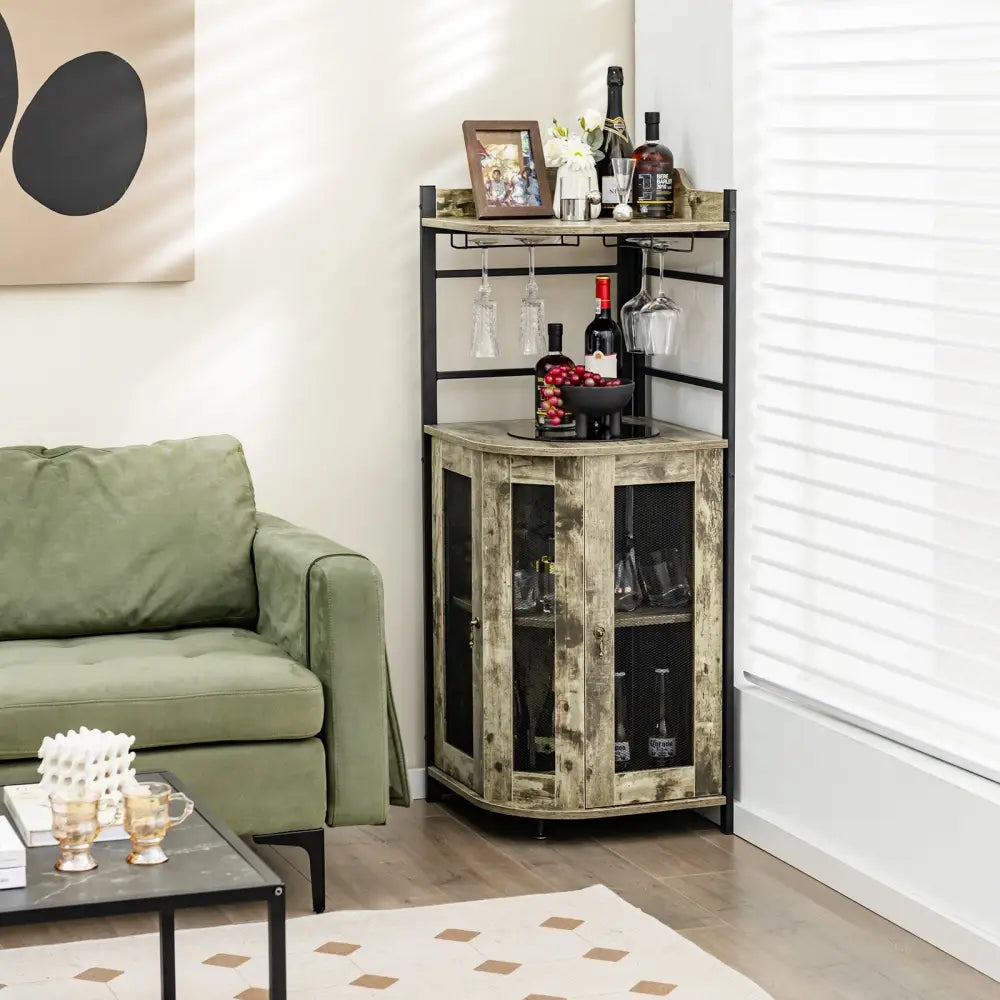 Industrial Corner Bar Cabinet with Glass Holder and Adjustable Shelf-Taupe - Taupe - Sideboards Cabinets & Buffets