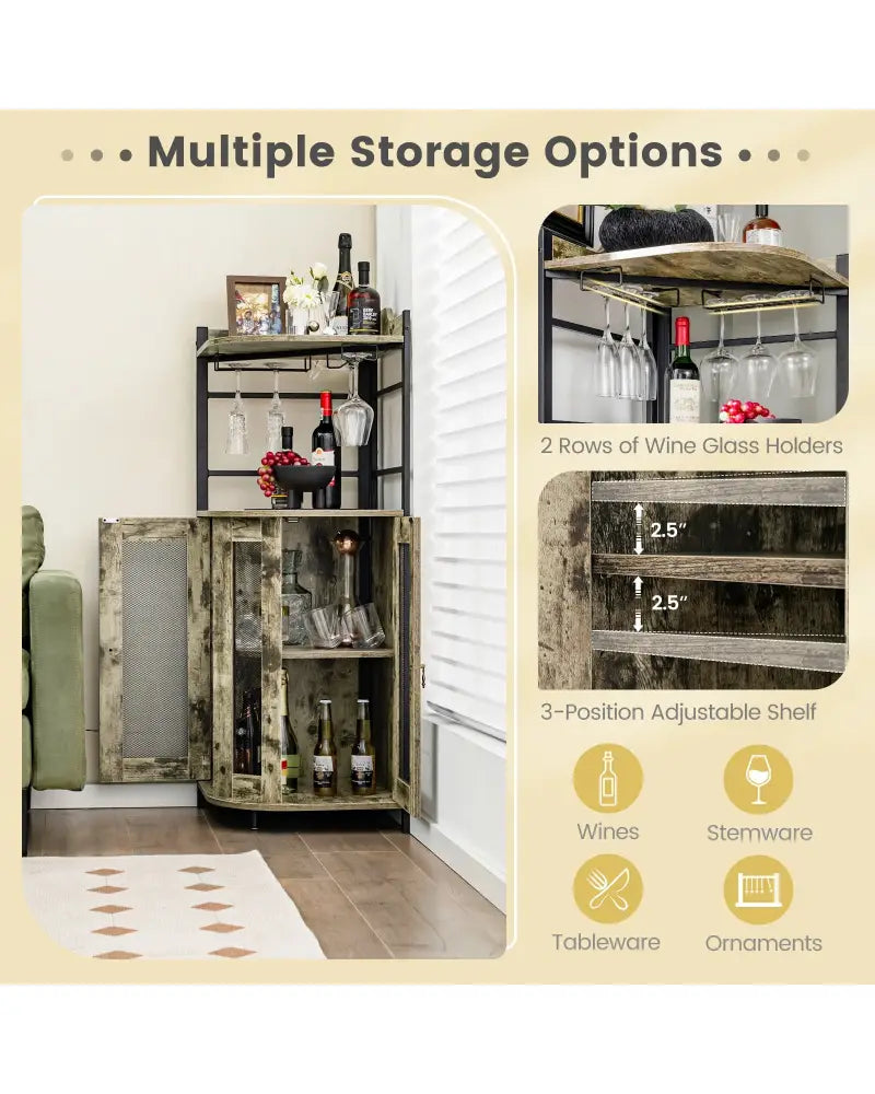Industrial Corner Bar Cabinet with Glass Holder and Adjustable Shelf-Taupe - Taupe - Sideboards Cabinets & Buffets