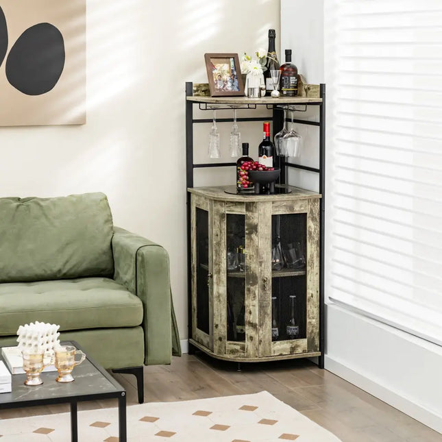 Industrial Corner Bar Cabinet with Glass Holder and Adjustable Shelf-Taupe - Taupe - Sideboards Cabinets & Buffets