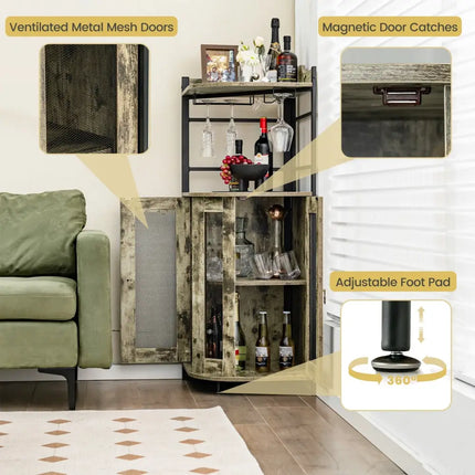 Industrial Corner Bar Cabinet with Glass Holder and Adjustable Shelf-Taupe - Taupe - Sideboards Cabinets & Buffets