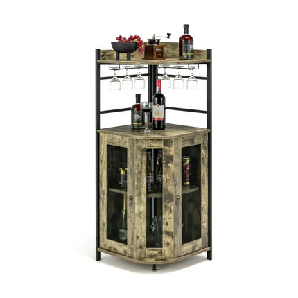 Industrial Corner Bar Cabinet with Glass Holder and Adjustable Shelf-Taupe - Taupe - Sideboards Cabinets & Buffets