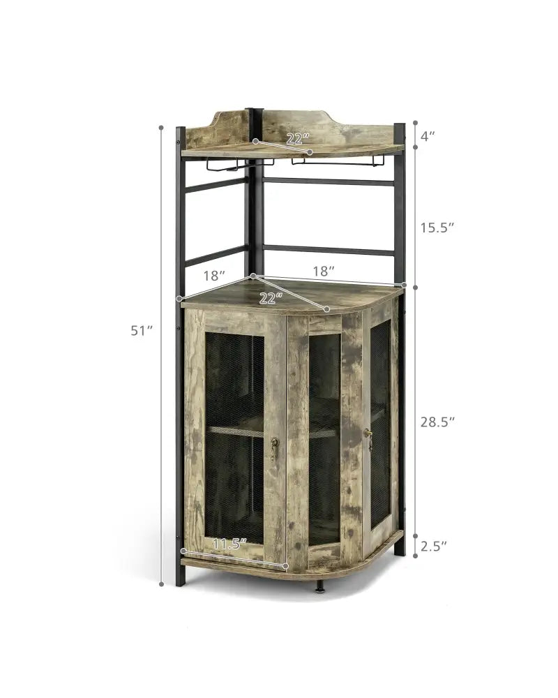 Industrial Corner Bar Cabinet with Glass Holder and Adjustable Shelf-Taupe - Taupe - Sideboards Cabinets & Buffets