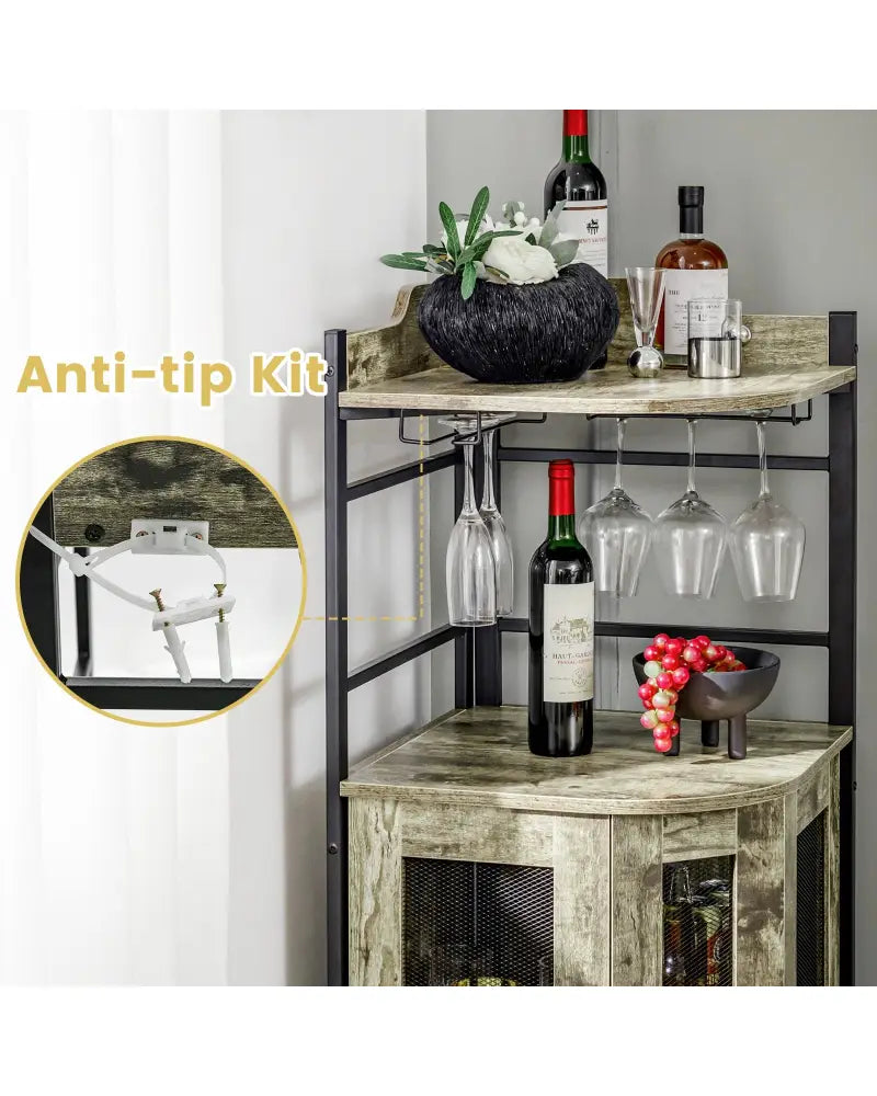 Industrial Corner Bar Cabinet with Glass Holder and Adjustable Shelf-Taupe - Taupe - Sideboards Cabinets & Buffets