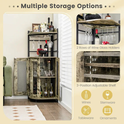 Industrial Corner Bar Cabinet with Glass Holder and Adjustable Shelf-Taupe - Taupe - Sideboards Cabinets & Buffets